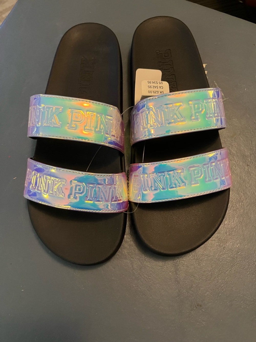 PINK Victoria's Secret Iridescent Holographic Double-Strap Slide Sandals